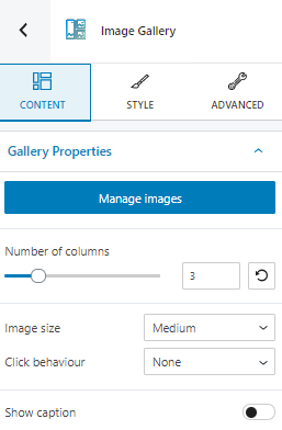 Image gallery content options