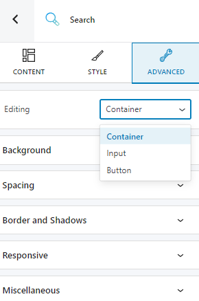 Search block advanced styling options in the Kubio editor
