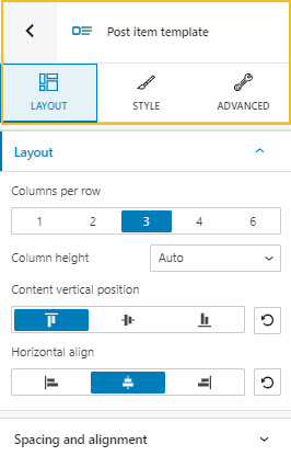 post item template in the block editing panel