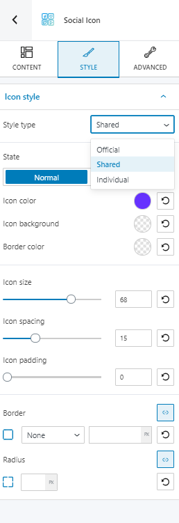 social icons block styling options