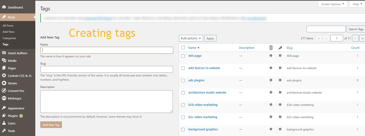 Create WordPress tags