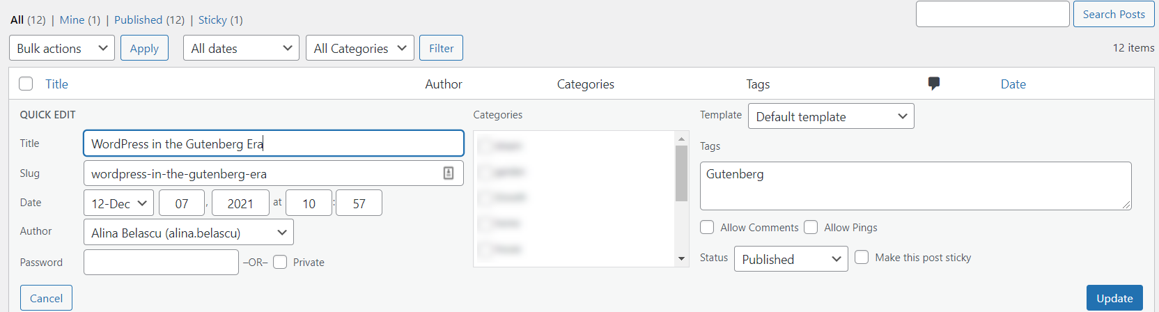 Quick edits for WordPress posts and their tags and categories