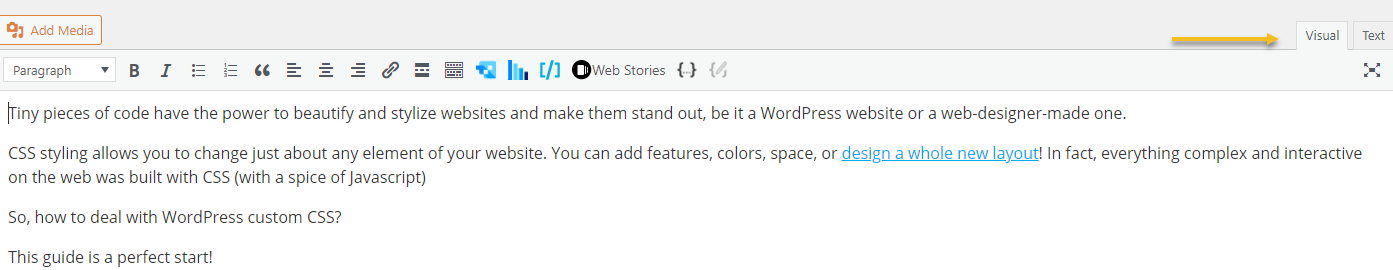 Visual and text editor in WordPress
