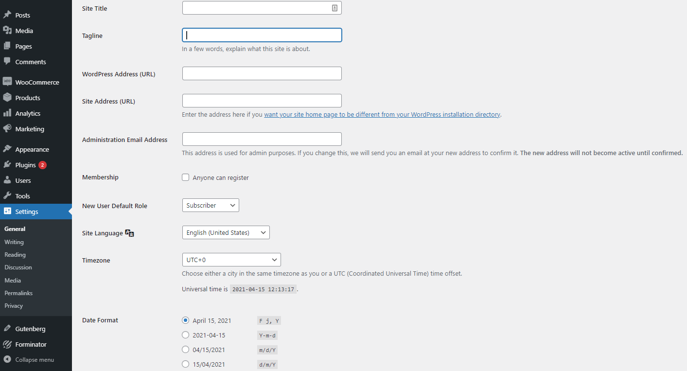 Website settings in WordPress