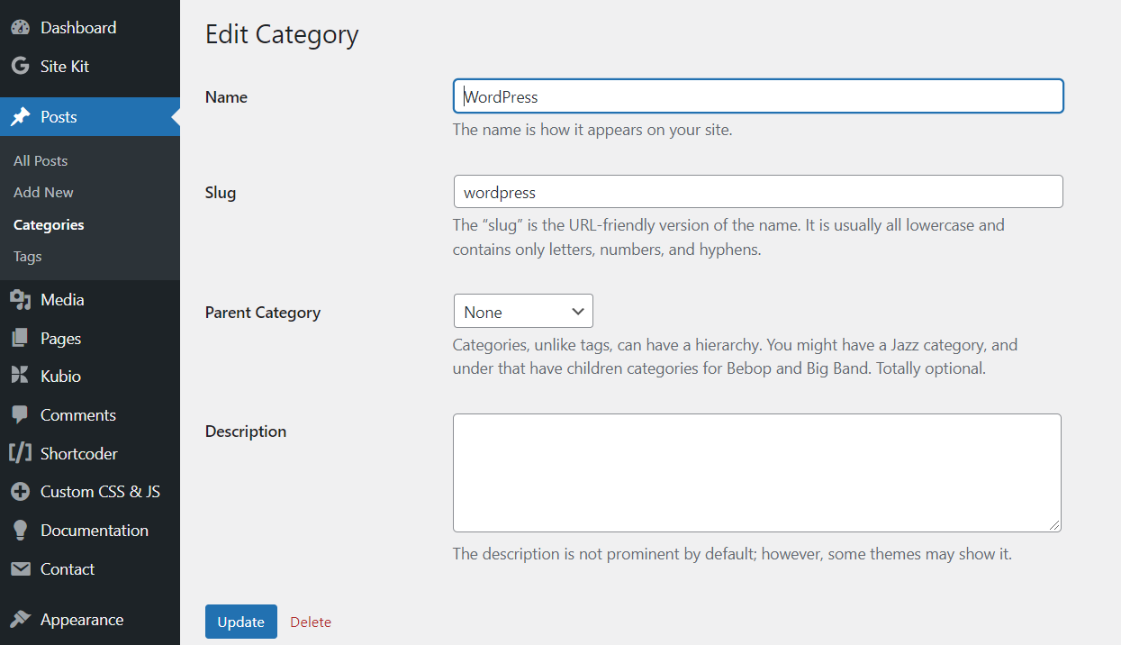 WordPress category edit