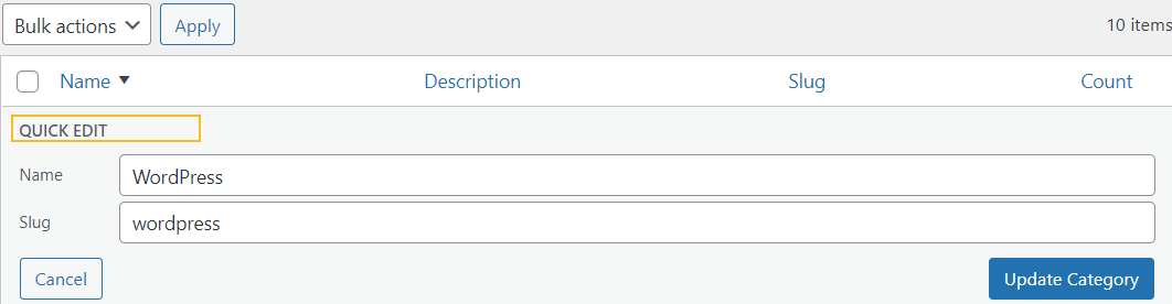 WordPress category quick edit
