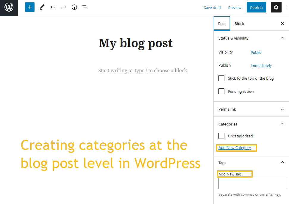 creating WordPress categories inside blog post