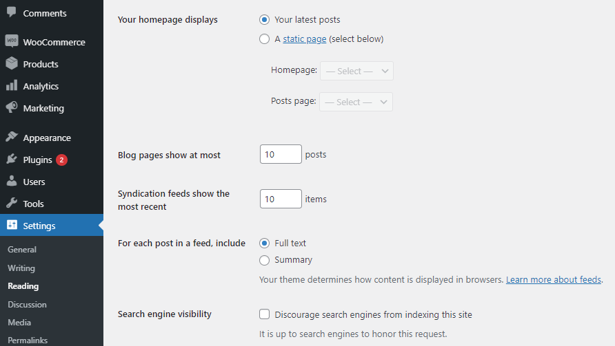 WordPress reading set up