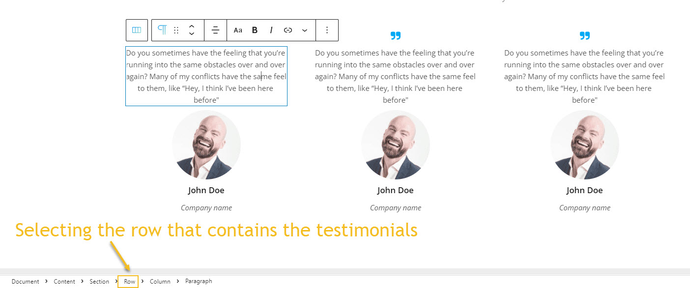 Selecting a row with testimonials