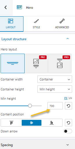 Container minimum height for the hero