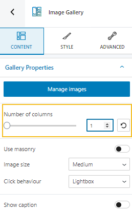 setting up the image gallery columns