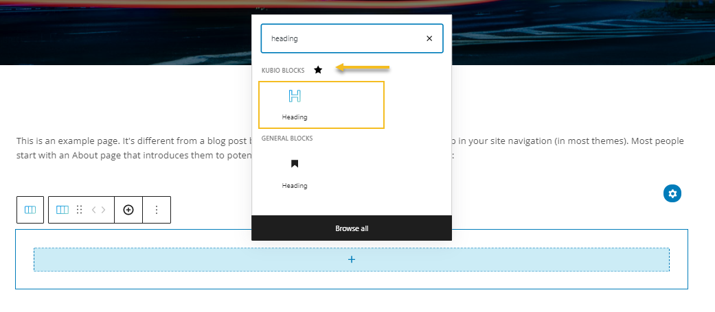 Adding the Kubio heading Gutenberg block