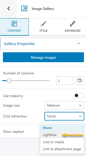 Setting up image gallery click behavior