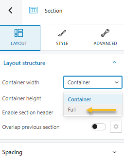 Setting up the container to full width