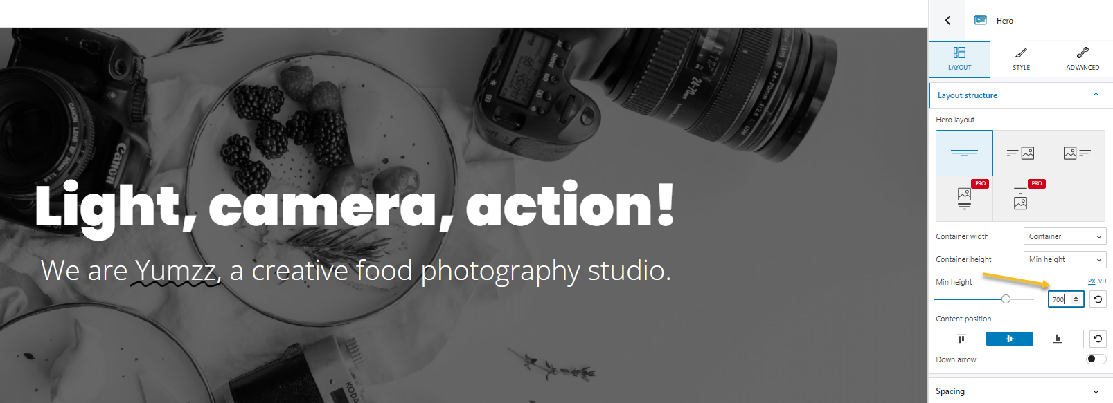 Setting up the minimum height for the hero of the food photography website