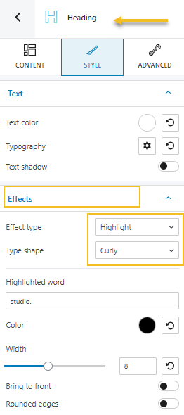 Heading block highlight effect