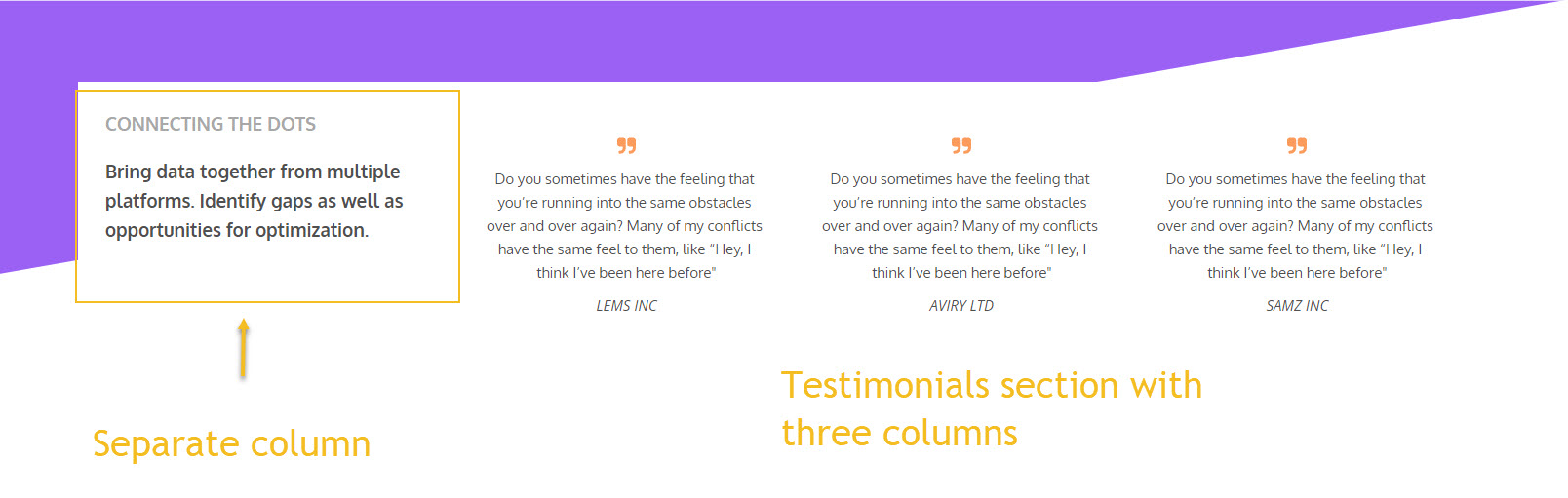 new section with text and testimonials