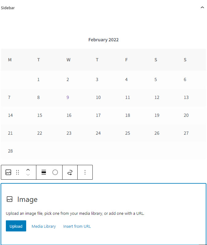 A sidebar containing the calendar and image blocks