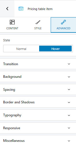 Advanced edits for the pricing table item