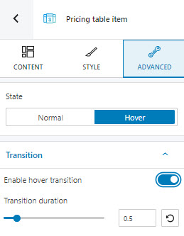 Enable hover transition for the pricing table item