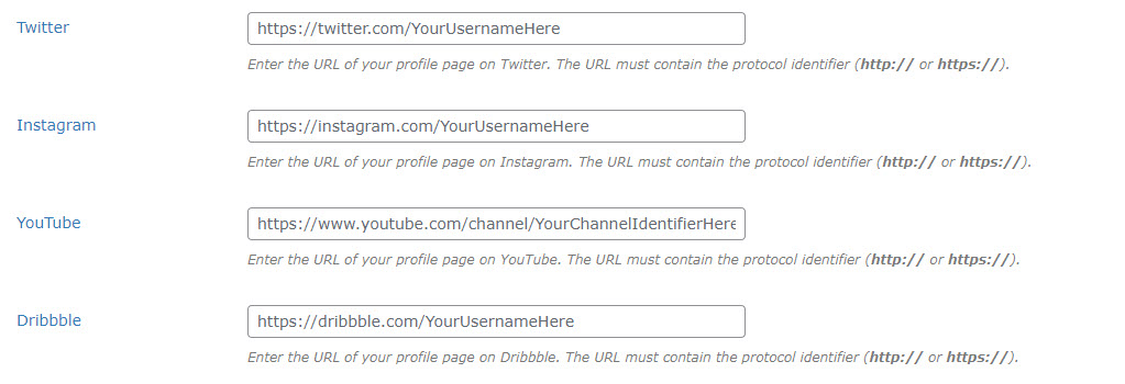 Fill in the social media profiles links