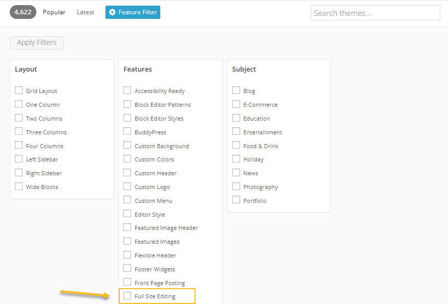 Filtering WordPress full site themes