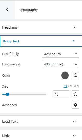 Global typography settings in Kubio