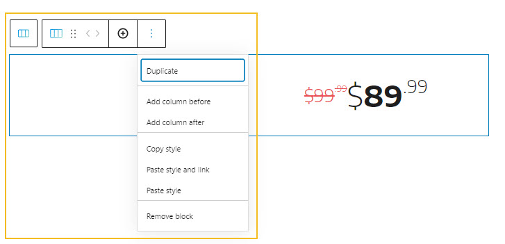 Pricing block toolbar