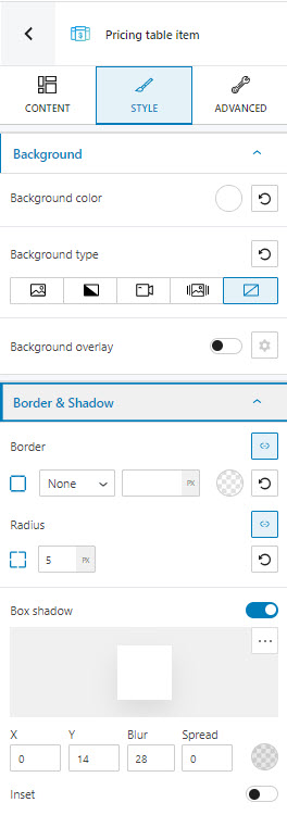 Pricing table item styling