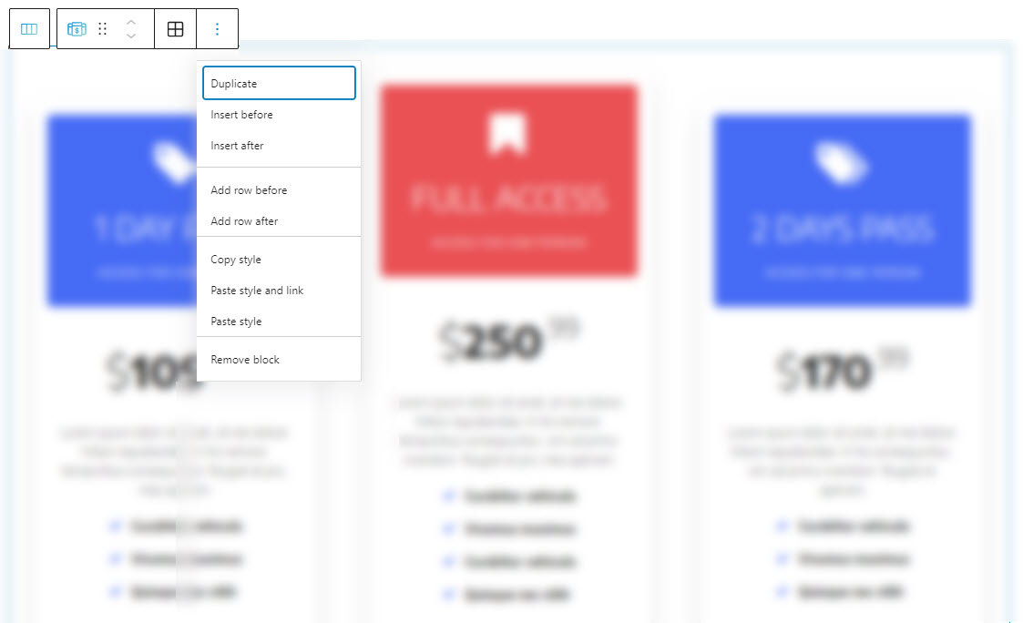 Pricing table toolbar