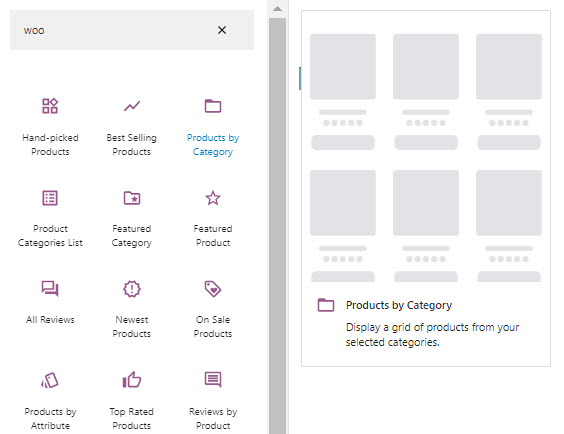 Products by category Woo block