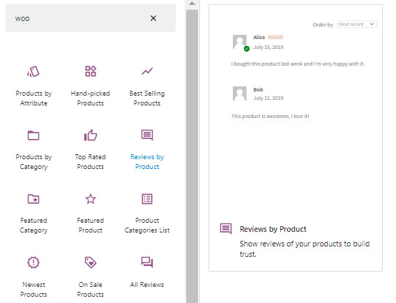 Reviews by Product WooCommerce block