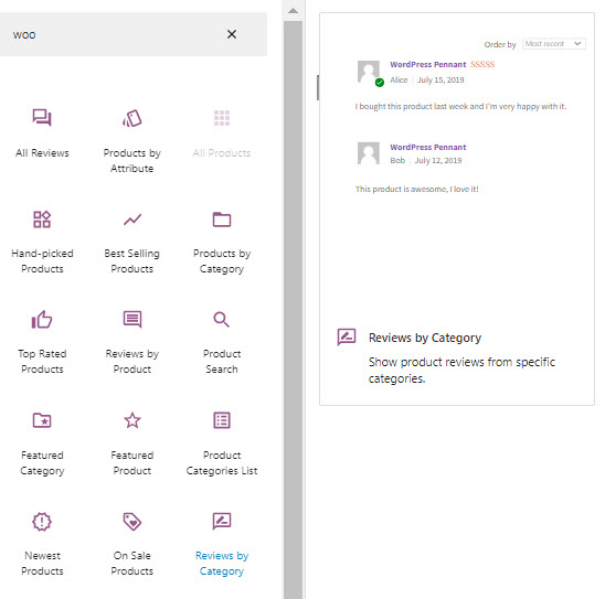 Reviews by category WooCommerce block