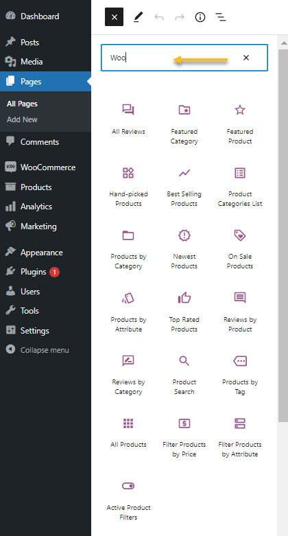 Search for WooCommerce blocks in the block inserter