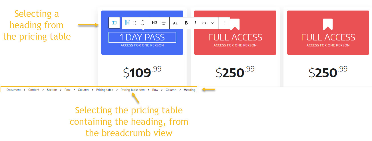 Selecting the pricing item via the breadcrumb view