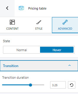 Setting up transition duration for the pricing table block