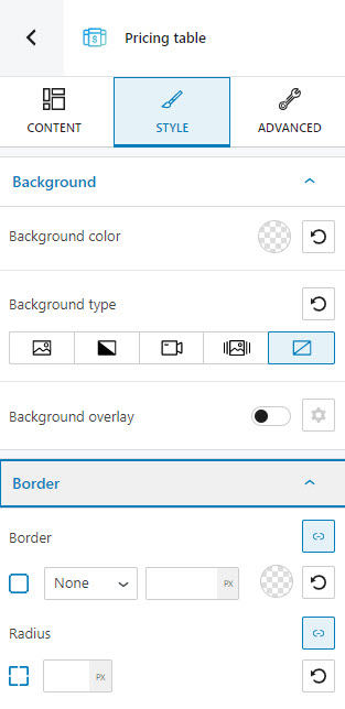 Style options for the pricing table block