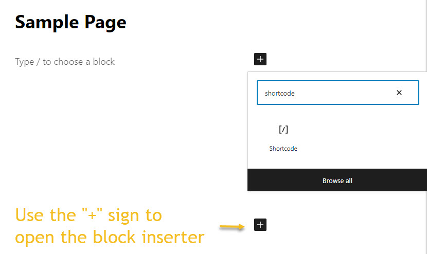 Use the plus sign to open the block inserter