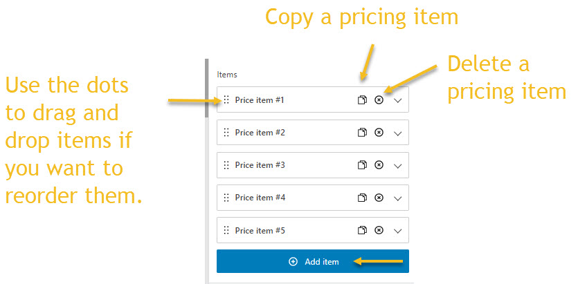 copy, delete, reorder pricing items