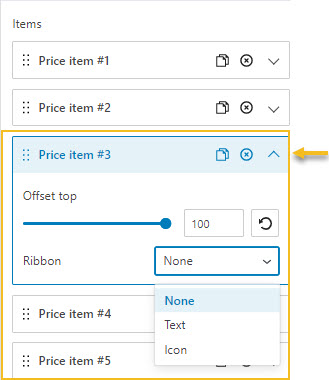 dropdown arrow - options for the pricing items