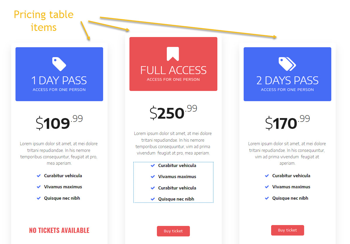 pricing table items