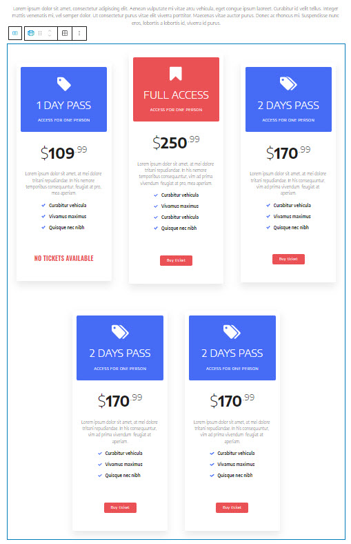 pricing table with 3 columns per row