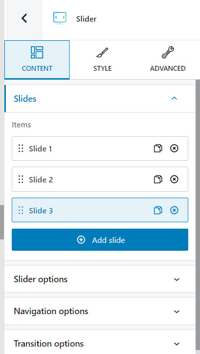 slider content options