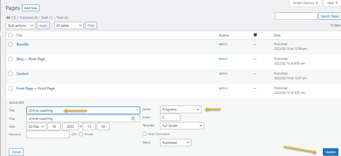 Setting up page parents