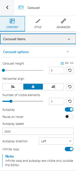 carousel options underneath Content