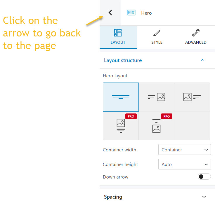 hero editing in the block editing panel