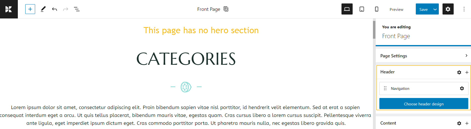 no hero section on the page