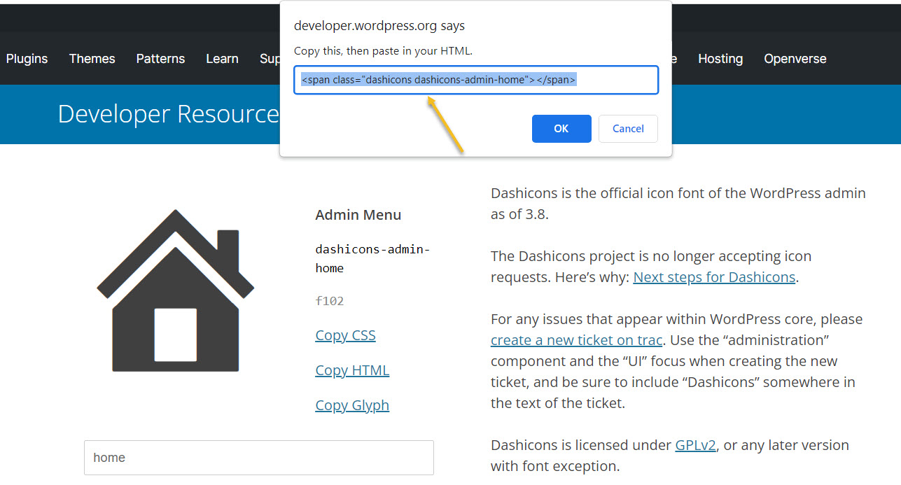 Copy paste the WordPress dashicon HTML