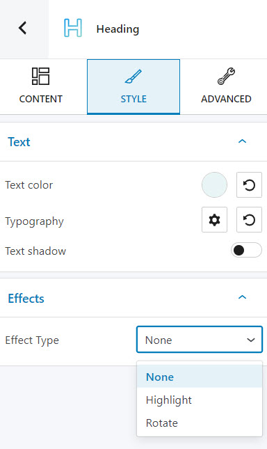 Headings in the block editing panel