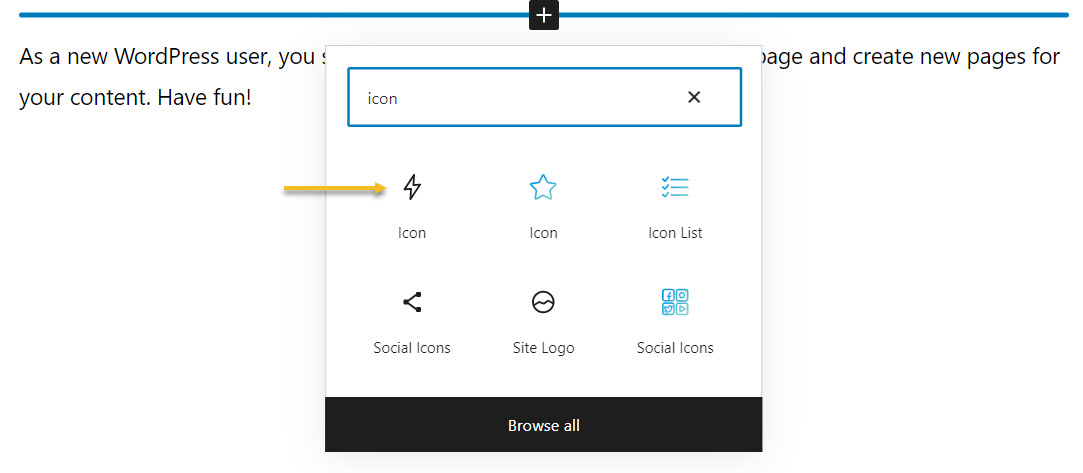 The Icon Block in the block inserter